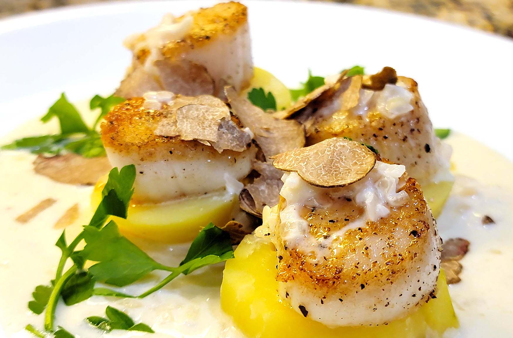 RECIPE: Seared Sea Scallops with Potatoes and Fresh Alba White Truffle + Champagne Parmesan Truffle Cream