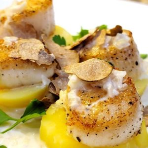 RECIPE: Seared Sea Scallops with Potatoes and Fresh White Alba Truffle + Champagne Parmesan Truffle Cream