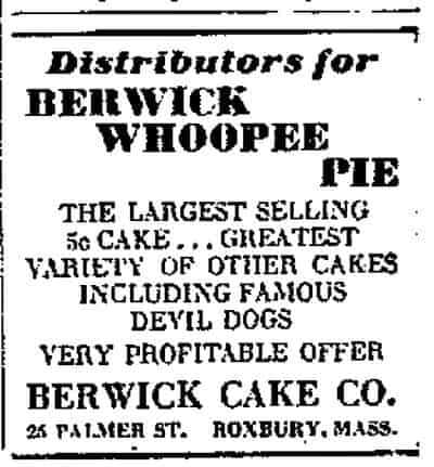 First Advertisement For Whoopie Pies - Berwick Cake Co. Roxbury Boston Massachusetts